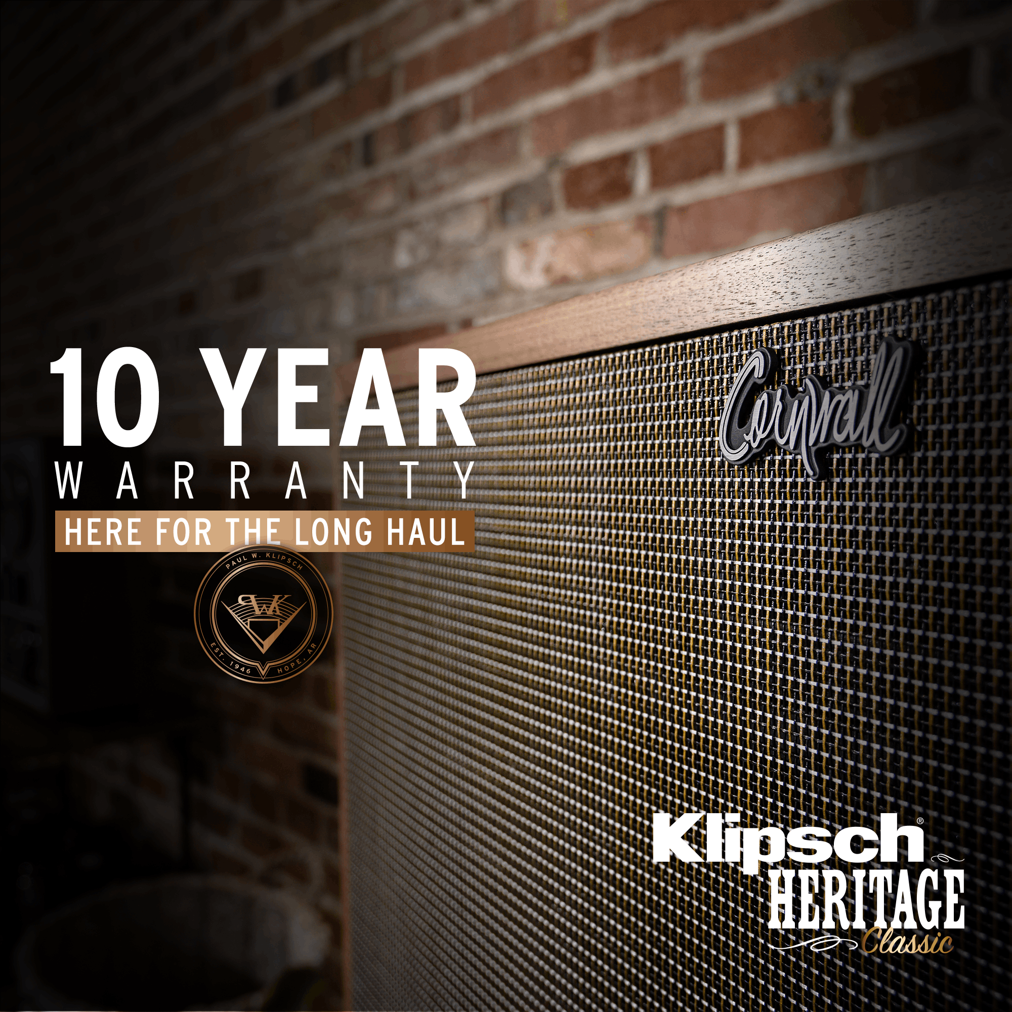 Cornwall IV with the Klipsch 10 year warranty and Heritage Classic logo overlaid on the image
